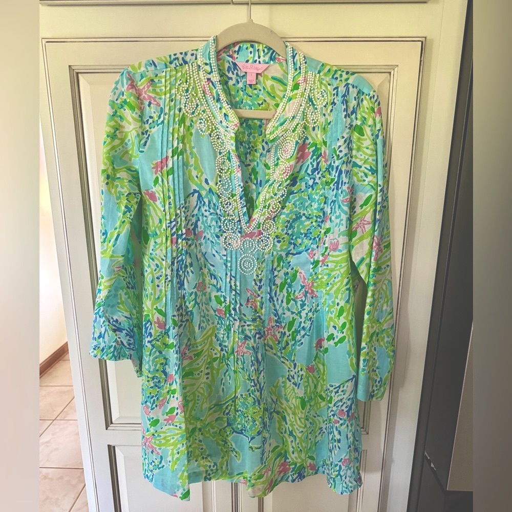 Lilly Pulitzer Blue Green Relaxed Tunic with 3/4 Sleeves
